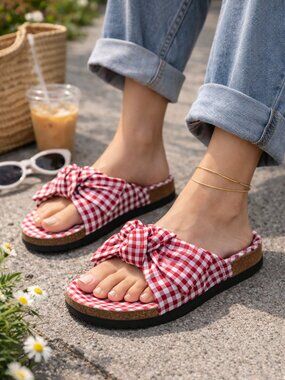 Blue Picnic Gingham Bow Slide Sandals